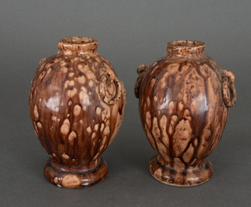 Pair of Chinese Banko Ware ceramic vases with temple and pagoda decoration