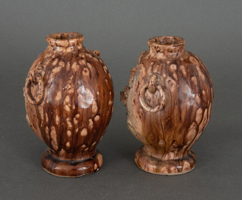 Pair of Chinese Banko Ware ceramic vases with temple and pagoda decoration