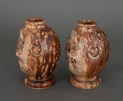 Pair of Chinese Banko Ware ceramic vases with temple and pagoda decoration