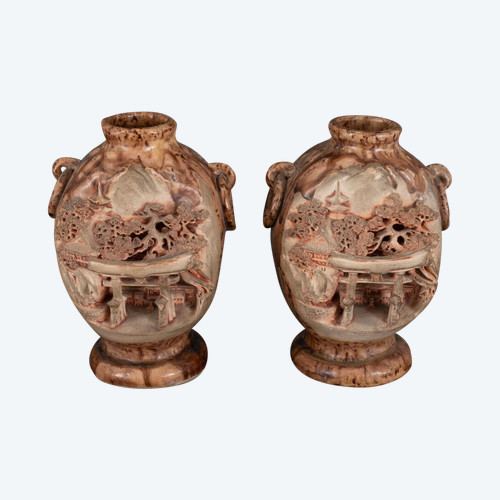 Pair of Chinese Banko Ware ceramic vases with temple and pagoda decoration