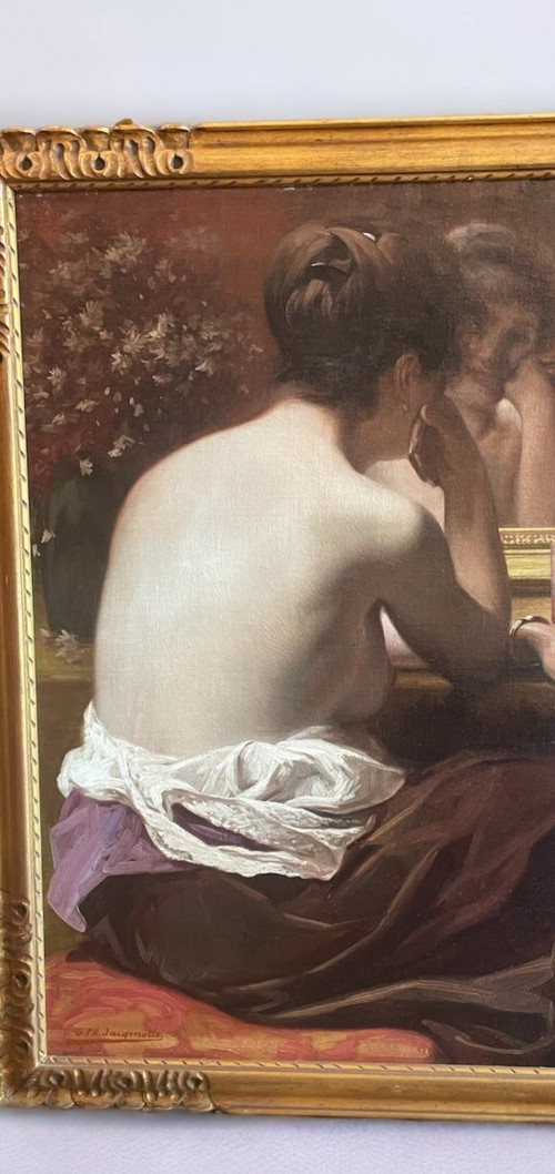 Huile sur toile Jeune Femme Nue Au Miroir