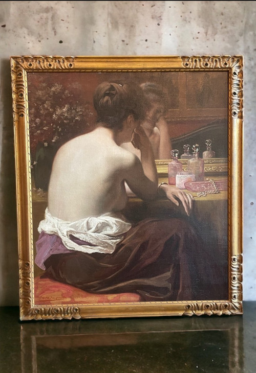 Huile sur toile Jeune Femme Nue Au Miroir