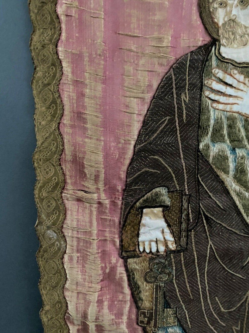 Silk thread embroidery tapestry depicting Saint Peter 17th century