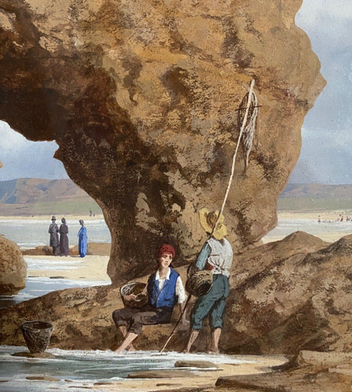 Watercolor on paper by Stanislas Pons Fishermen on foot 19th century