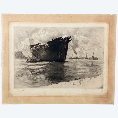 Engraving by René Pinard 1914 countersigned 56/80 bateau le vieux brick devant Chantenay