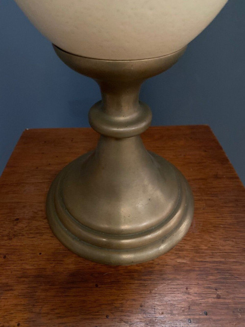 1970 ostrich egg and bronze lamp on shower stand