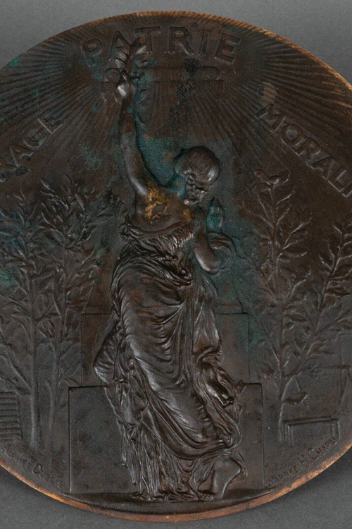 Medaglione in bronzo Courage Patrie Moralité Alphée Dubois dopo H. Chapu