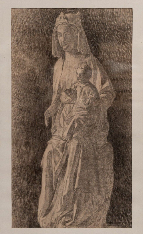 Charcoal drawing of the statue of the Virgin and Child, Fine Arts, early 20th century