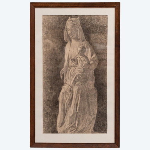 Charcoal drawing of the statue of the Virgin and Child, Fine Arts, early 20th century