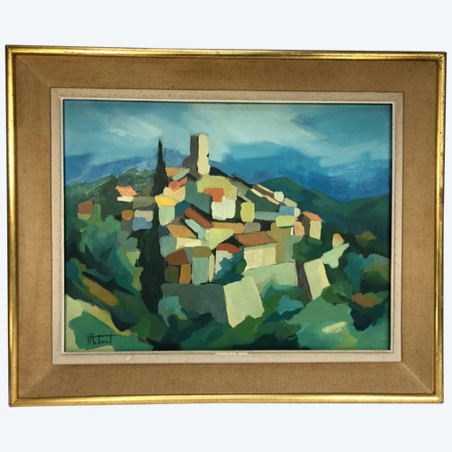 Oil on canvas modern composition by Michel Ferbert 1950 southern landscape