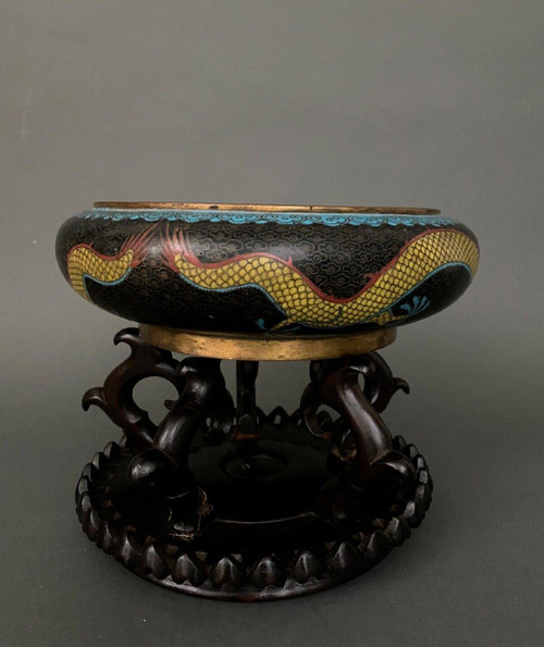 19th century Chinese cloisonné cup with dragon design on wooden stand