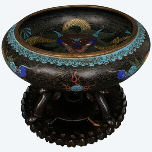 19th century Chinese cloisonné cup with dragon design on wooden stand