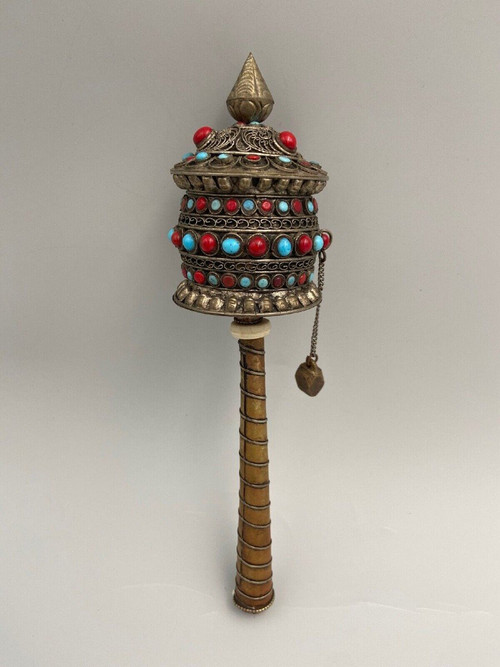 Ancient Nepalese Tibetan Buddhist prayer wheel inlaid stones