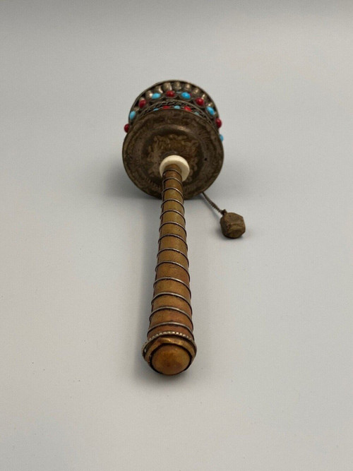 Ancient Nepalese Tibetan Buddhist prayer wheel inlaid stones