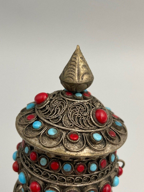 Ancient Nepalese Tibetan Buddhist prayer wheel inlaid stones