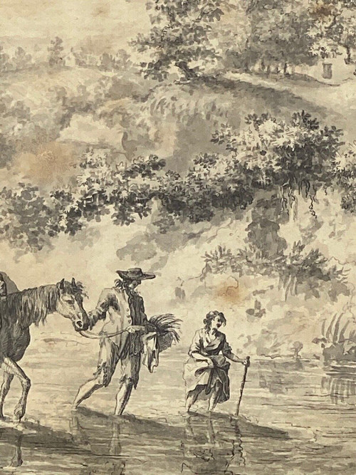 Drawing on paper by Brandt family child on horseback 18th century