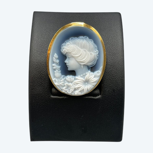 Ravissant Pendentif, Broche Camé Agate Bleu