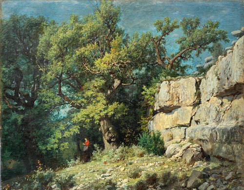 Oil on canvas by Louis Delorme Forest and rocks late 19th century