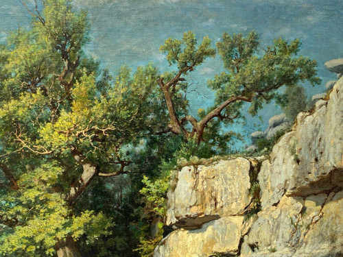 Oil on canvas by Louis Delorme Forest and rocks late 19th century