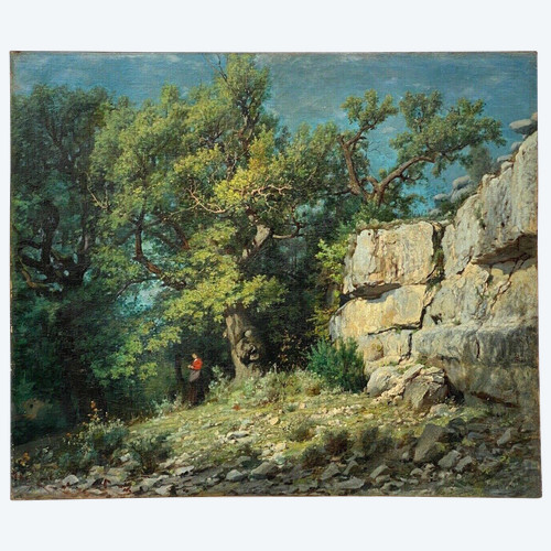 Oil on canvas by Louis Delorme Forest and rocks late 19th century