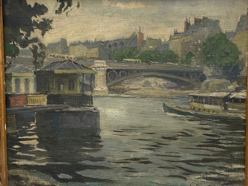 Oil on canvas Paris péniches by Sranti Datis signature to be identified 1900 20th century