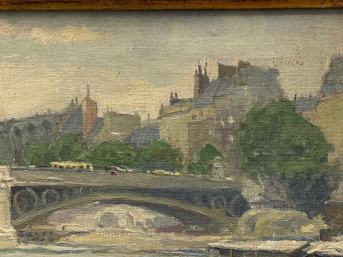 Oil on canvas Paris péniches by Sranti Datis signature to be identified 1900 20th century