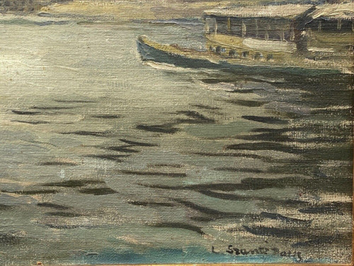 Oil on canvas Paris péniches by Sranti Datis signature to be identified 1900 20th century