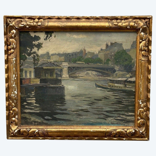 Oil on canvas Paris péniches by Sranti Datis signature to be identified 1900 20th century