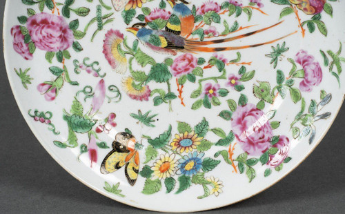 Assiette en porcelaine de Canton XIXe décor de papillons et d'oiseau