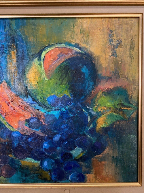 Oil on canvas by Le Boterff still life with fruit 1970 gold frame