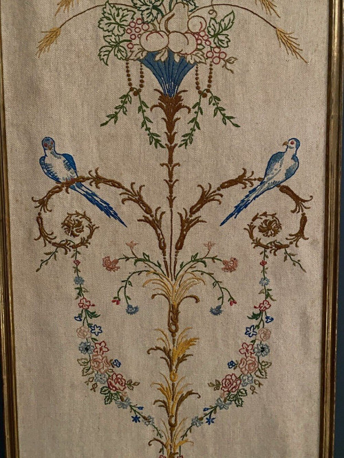 1900 Louis XVI style embroidered panel with bird decor and baguette frame