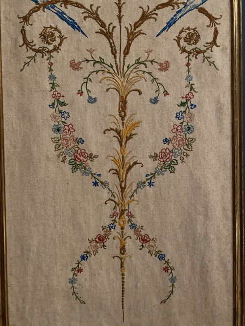 1900 Louis XVI style embroidered panel with bird decor and baguette frame