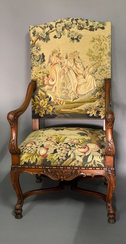 Fauteuil De Style Louis XIV Recouvert D'une Tapisserie Aux Petits Points Polychromé