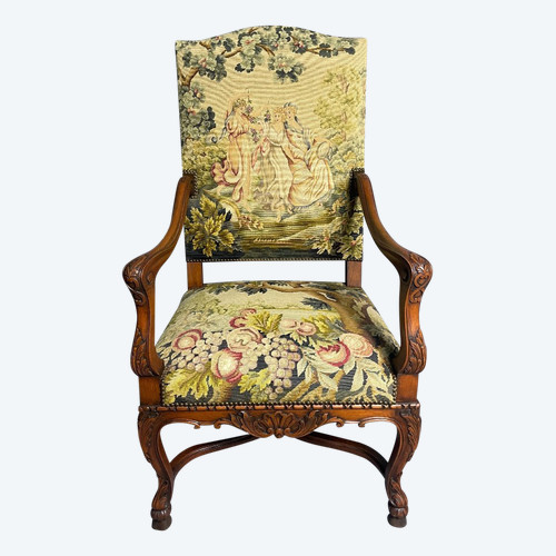 Fauteuil De Style Louis XIV Recouvert D'une Tapisserie Aux Petits Points Polychromé