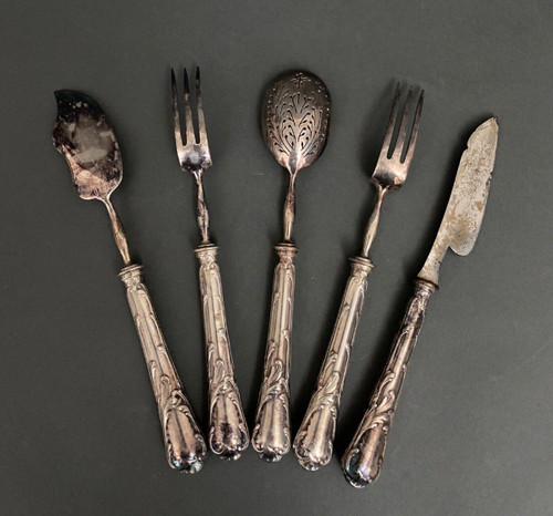 Silver-plated chopping set with 5 Christofle cutlery items