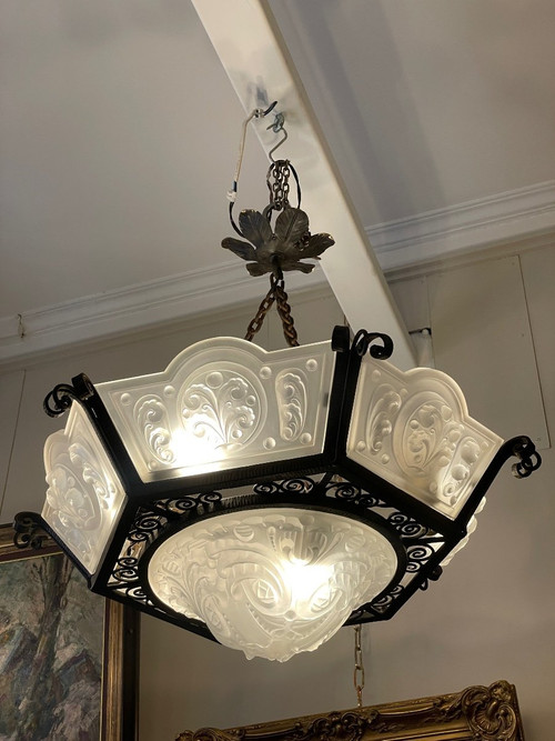 Art Deco period chandelier in molded glass