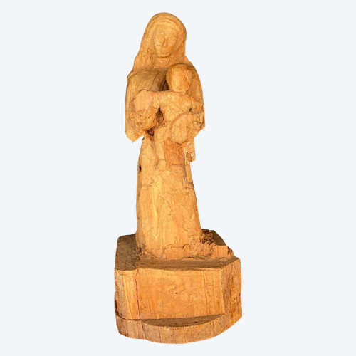 Virgin and Child wood carving 1960 artist's studio 20th century