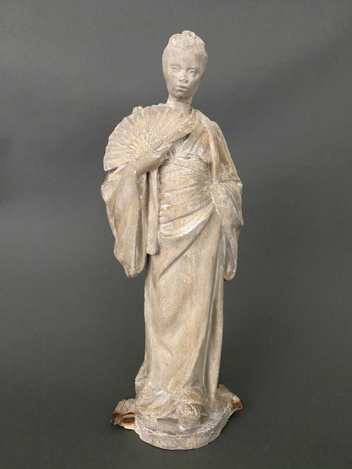 Plaster studio statue by Charles Filleul, woman with fan, 20th century