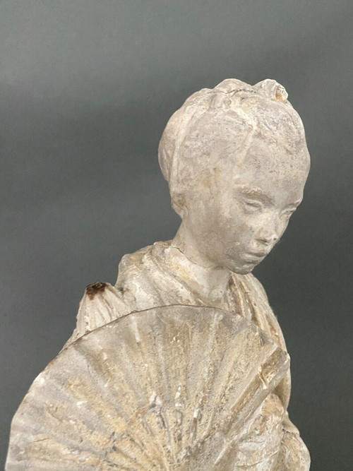 Plaster studio statue by Charles Filleul, woman with fan, 20th century