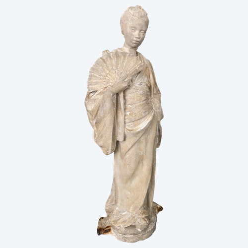 Plaster studio statue by Charles Filleul, woman with fan, 20th century