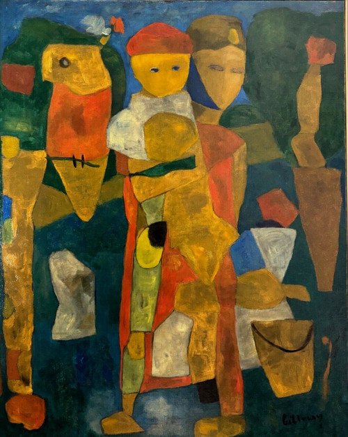 Oil on canvas by Jean Billecocq modern composition with characters