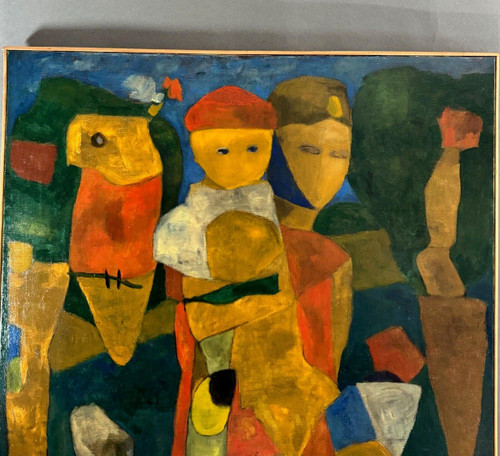 Oil on canvas by Jean Billecocq modern composition with characters