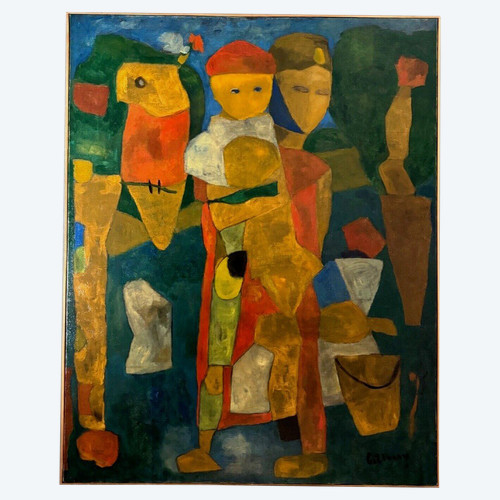 Oil on canvas by Jean Billecocq modern composition with characters