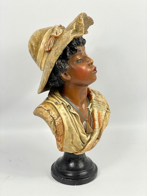  Jeune garçon Au Chapeau Sculpture Polychrome