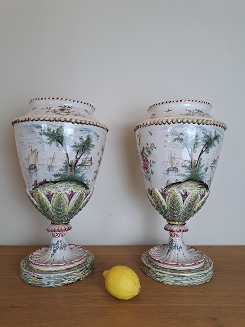 Pair of Large Vases, Veuve Perrin, Marseille, Earthenware, 19th Century.