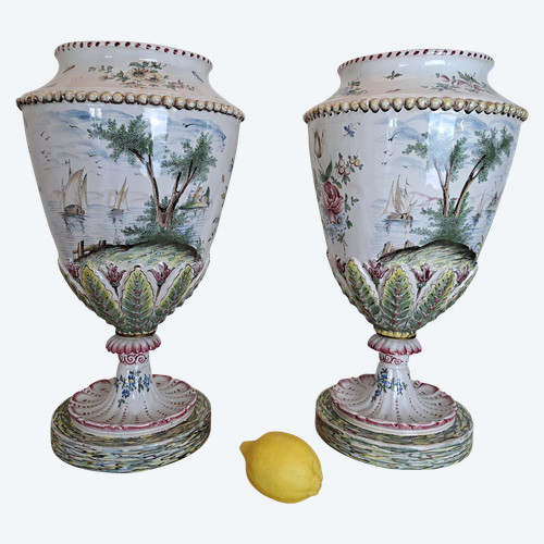 Pair of Large Vases, Veuve Perrin, Marseille, Earthenware, 19th Century.