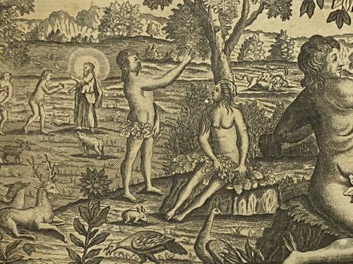 Gravur aus dem 18. Jahrhundert: Adam und Eva, die Versuchung, Sünde, Genesis, Kapitel 3