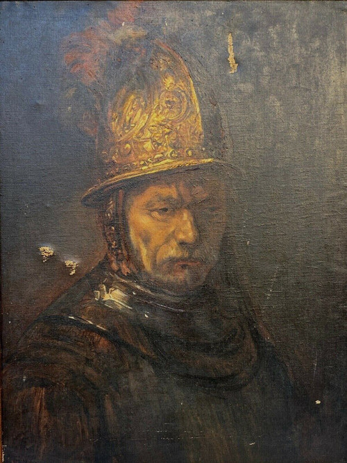 Oil on canvas Man with a golden helmet by Arthur Midy after Rembrandt