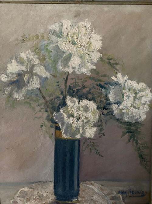 Oil on cardboard signed still life bouquet of flowers early 20th century