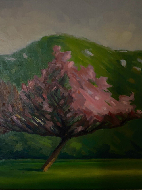 Oil on cardboard 1920 representing trees in bloom in the wind